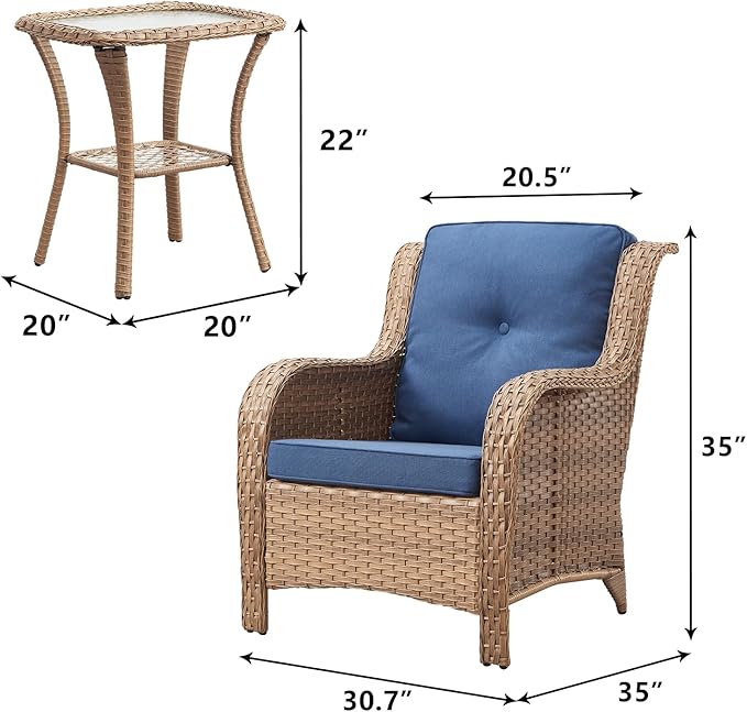 Rilyson Patio Bistro Set Outdoor Chairs - 3 Piece Wicker Rattan Patio Furniture Set with 2 Armrest Chair and 1 Side Table for Proch Deck Garden Backyard Balcony(Yellow/Blue)