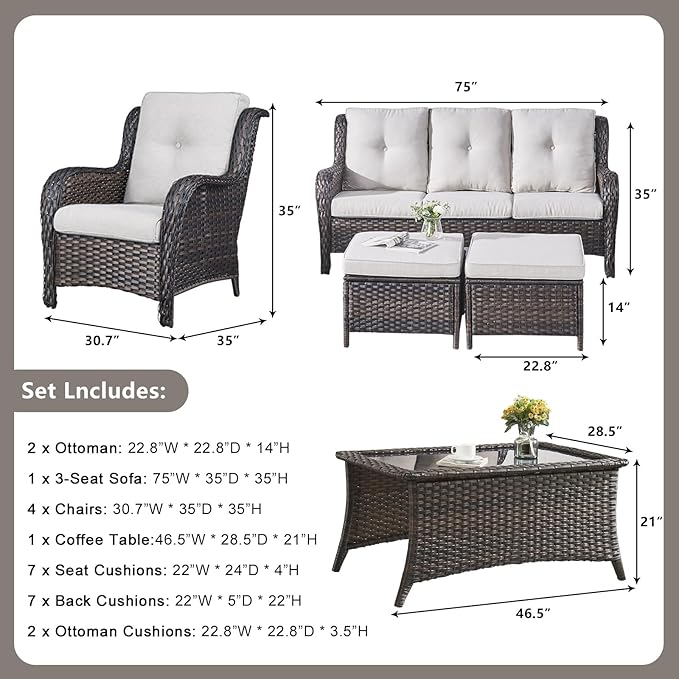 Rilyson Wicker Patio Furniture Chairs Set - 8 Piece Rattan Outdoor Patio Sectional Conversation Sets with 1 Sofa,4 Armrest Chairs,1 Coffee Table and 2 Ottomans for Porch Deck Garden(Brown/Beige)