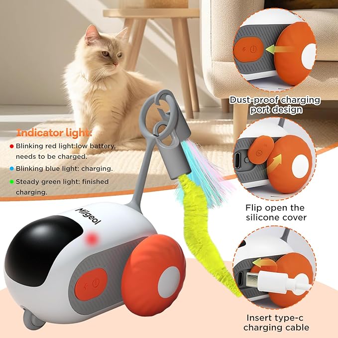 Turbo Tail 3.0 Interactive Cat Toy - Smart Remote Control Electric Mouse with Feathers, 3 Play Modes (Smart/Manual/Standby), Auto Obstacle Avoidance, Type-C, 8H Playtime - Orange (1PC)