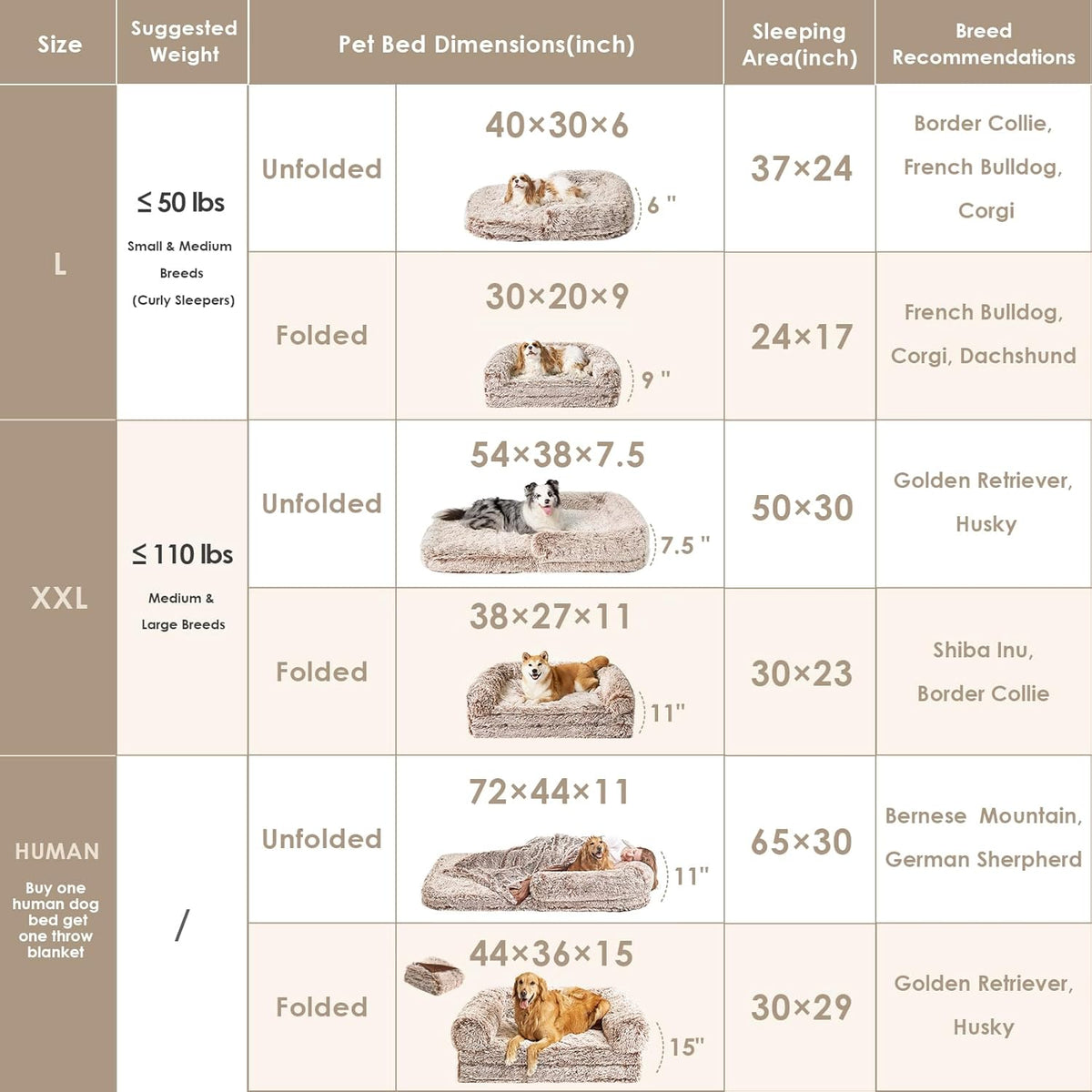 EHEYCIGA Foldable XXL Dog Bed, Faux Fur Fluffy Pet Couch Bed for Extra Large Dogs, Orthopedic Calming Memory Foam Pet Bed, Washable Soft Pet Sofa Bed with Non-Slip Bottom, Faded Brown, 54"x38"x7.5"