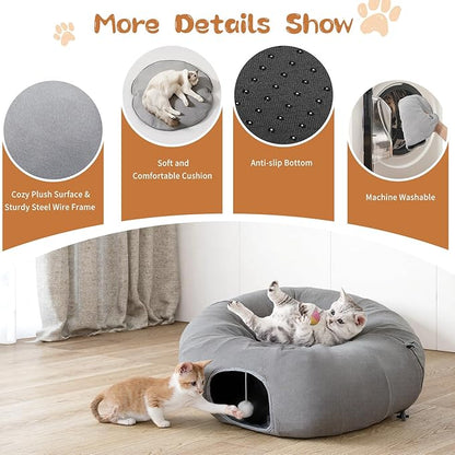 Pawaboo 2-in-1 Cat Tunnel Bed for Indoor Cats, 8-Shaped Large Cat Tunnels with Plush Cushions, Foldable Cats Cave Hideout Kitty Toys with Fluffy Balls, Donut Tunnel for Kitten Rabbit Ferret, Grey