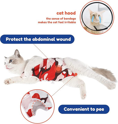 Cat Surgical Recovery Suit, Abdominal Wounds Cone E-Collar Alternative Anti-Licking Or Skin Diseases Pet Surgical Recovery Pajama Suit, Soft Fabric Onesies for Cats (L, Red)
