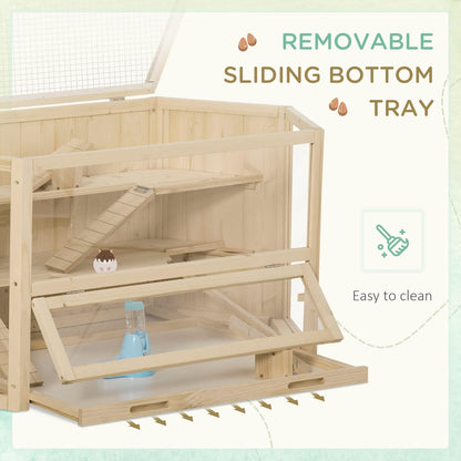 PawHut Wooden Large Hamster Cage Small Animal Exercise Play House 3 Tier with Tray, Seesaws, Water Bottle, Activity Center, Natural