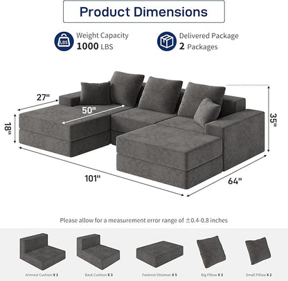 Living&Giving 101" U-Shaped Cloud Sectional Couch for Living Room, Cloud Boneless Couch-No Assembly with Reversible Chaise, Customizable 3-Seat Modular Sectional Sofa with 2 Ottoman,Dark Grey