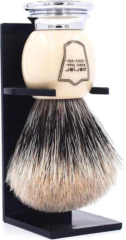 Parker Pure Badger Shaving Brush, Faux Ivory & Chrome, 22mm Knot | Rich Lather, Handcrafted Tool, Cream or Soap, Classic Wet Shaving, Iconic Brand. Includes Stand