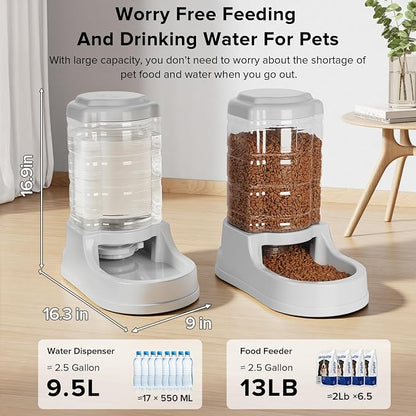 Kenond 9.5L Dog Feeder and Water Bowl Set for Dog, Automatic Food Dispenser | Wide Mouth, Easy to Clean/ Gravity Filled/ Large Capacity/ Multi Pet Home