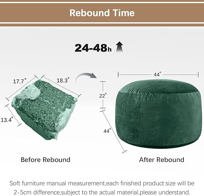 Bean Bag Chairs for Adults - Memory Foam Furniture BeanBag Chair - Kids/Teens Sofa with Soft Micro Fiber Cover - Round Fluffy Couch for Living Room Bedroom College Dorm - 4 ft, Green