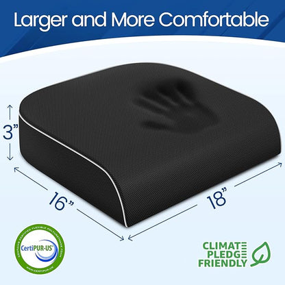 SweetSlubr Seat Cushion for Tailbone Pain Relief, Office Chair Cushion, Memory Foam Large Chair Cushion with Non-Slip Cover for Soft Support at Office Chair, Car Seat, Airplane Black/Large