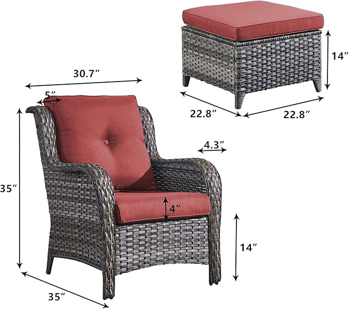Rilyson Outdoor Patio Furniture Chairs Set - 4 Piece Wicker Rattan Patio Sectional Conversation Sets with 2 Chairs and 2 Ottomans for Porch Deck Balcony Garden(Mixed Grey/Red)