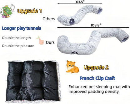 XxingSheep XL Cat Tunnel with Bed for Indoor Cats Peekaboo Cat Cave Donut Toy with Warm Mat,Yellow-Brown