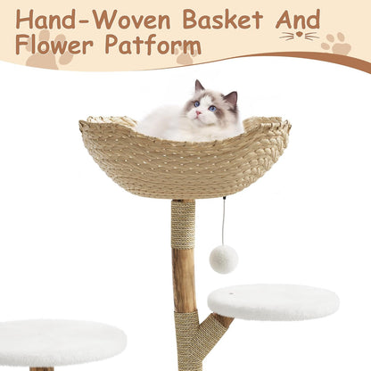 Modern Wood Cat Tree Tower for Large Cats | Luxury Solid Pear Wood Condo with Platforms, Scratching Posts & All-Season Mats, 43" Aesthetic Cat Furniture, 2 Branch