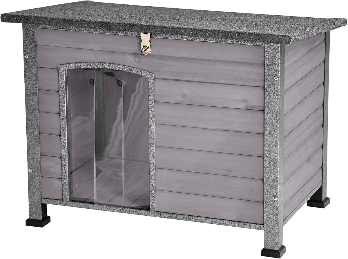 Indoor Outdoor Dog House,Anti-Chewing Iron Frame Dog Kennel,Wood Warm Pets Home,Weatherproof Outside Shelter for Feral Animal 33.5" (L) X 22" (W) X 25.2" (H) Grey