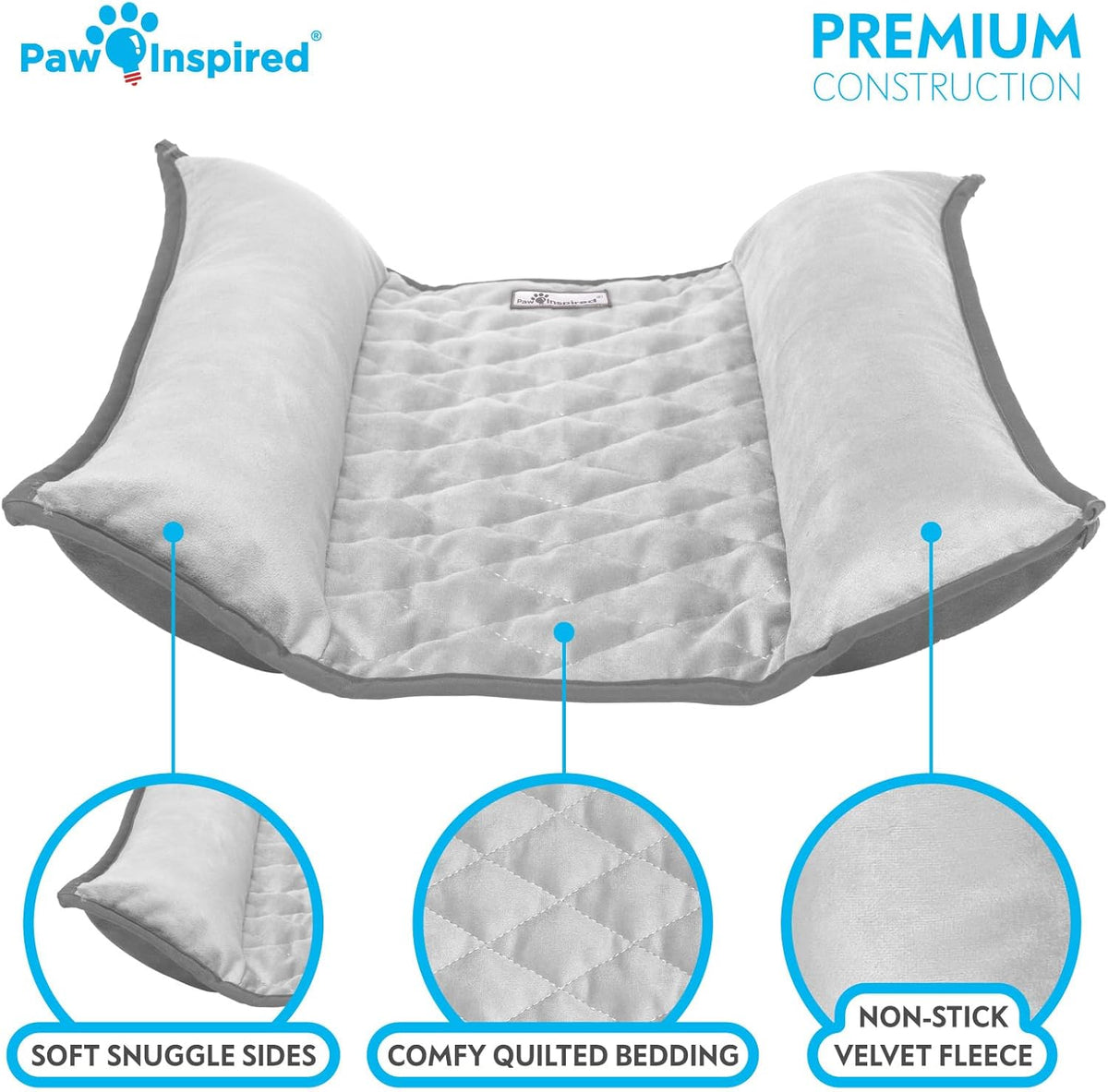 Paw Inspired Snuggle Bunny Bolster Bed for Rabbits, Cats, Dogs and Other Small Pets, Reversible Fleece Flop Bedding with Padded Sides (Gray/Light Gray)