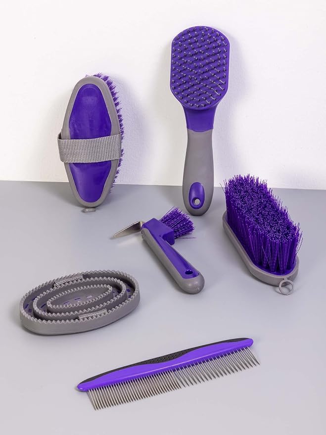 Horse Grooming Kit (12-Piece): Brushes, Storage Bag, Sweat Scraper, Mane Comb, Grooming Gloves - Purple Horse Gifts for Girls