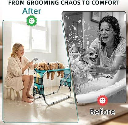 Dog Grooming Hammock with Stand, Dog Grooming Table for Senior Dogs Bath | 50 lbs Capacity, Ground Support Design, Heavy-Duty Aluminum Frame, Breathable Washable Mesh, Foldable Storage, Turquoise