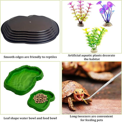 Reptile Bathing Pool 7 Pcs Tortoise Water Dish with Ramp Extra Large Turtle Feeding Bowl with Steps Reptile Food & Water Dishes 2-in-1 Gecko Habitat Decoration Accessories Lizard Bath Tub