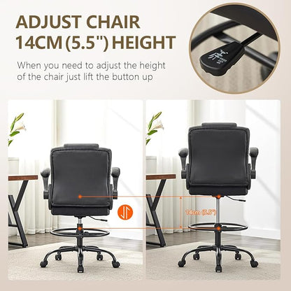 500 lbs Drafting Chair Tall Office Chair with Flip-up Armrests for Standing Desk Executive Ergonomic Computer Leather Desk Chair with Lumbar Support, Adjustable Foot Ring for Home or Drawing Use