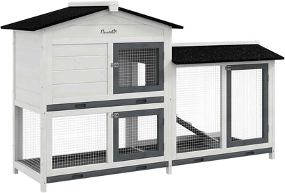 PawHut 62" Rabbit Hutch, Wooden Bunny Hutch, Guinea Pig Cage, Small Animal Enclosure with Run Area, Removable Tray, Asphalt Roof, Lockable Doors and Ramp, for Rabbits, Chickens, Ducks, White