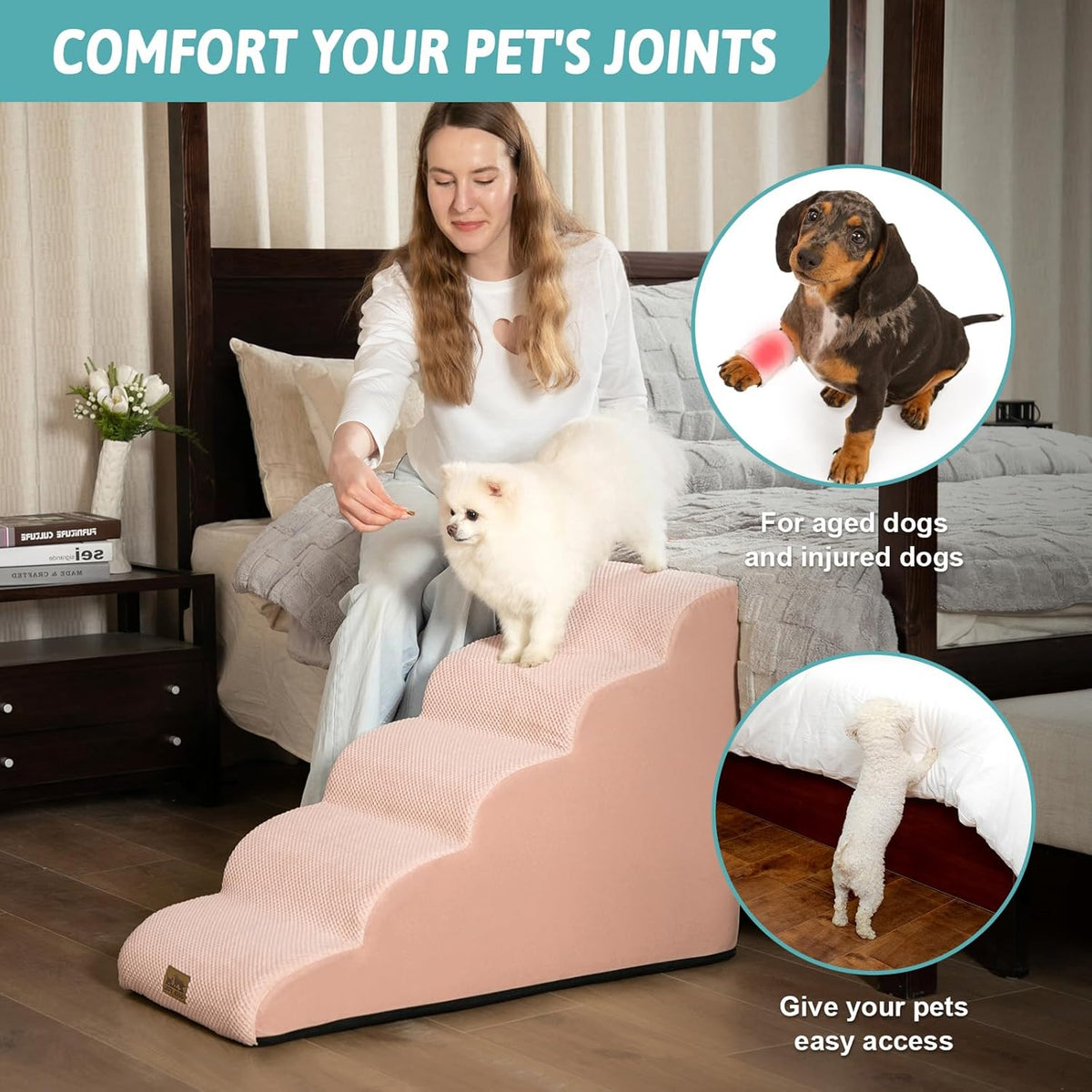 Dog Stairs for High Bed 22.6" H, Small Dog Step for Puppy, Older or Cat, Curved Ramp for Car, Ladder with High Density Foam, Lightweight, Durable, 15.7x33x22.6 inch, 5 Step, Pink