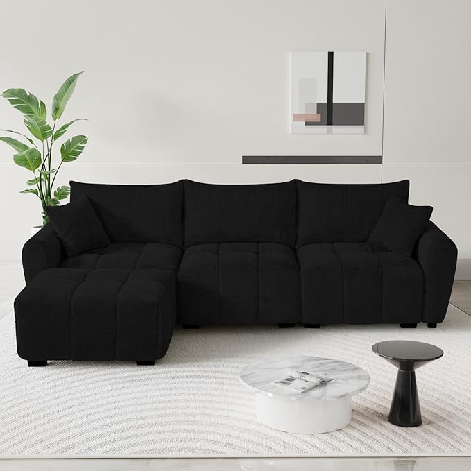 110" L Shaped Modern Boucle Sofa Modular Sectional Cloud Couch with Ottoman, Tufted 4-Seat Deep Seat Sofa with Pillows for Living Room, Bedroom and Apartment, Black