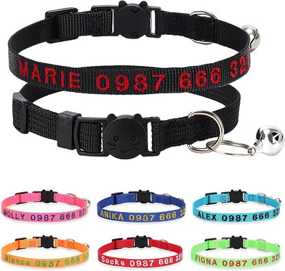Personalized Cat Collars, Embroidered with Pet Name and Phone Number, Adjustable Nylon Breakaway Safety Release Buckle ID Collar,Custom Text with Bell for Cat or Kitten,Black