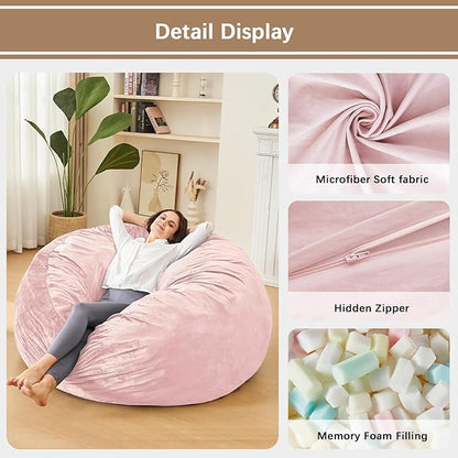 Bean Bag Chairs for Adults - Memory Foam Furniture BeanBag Chair - Kids/Teens Sofa with Soft Micro Fiber Cover - Round Fluffy Couch for Living Room Bedroom College Dorm - 4 ft, Pink