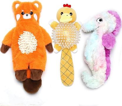 Non-Stuffed Plush Dog Toys 3-Pack - Sized for Small, Medium & Large Breed Puppies, Interactive Squeaky Crinkle Chew Toys
