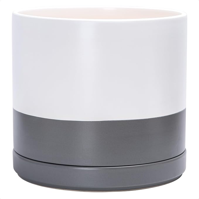 D'vine Dev 14 Inch Ceramic Planter Pot with Drainage Hole and Saucer, Indoor Cylinder Round Planter Pot, White/Speckled Grey, 94-O-G-6