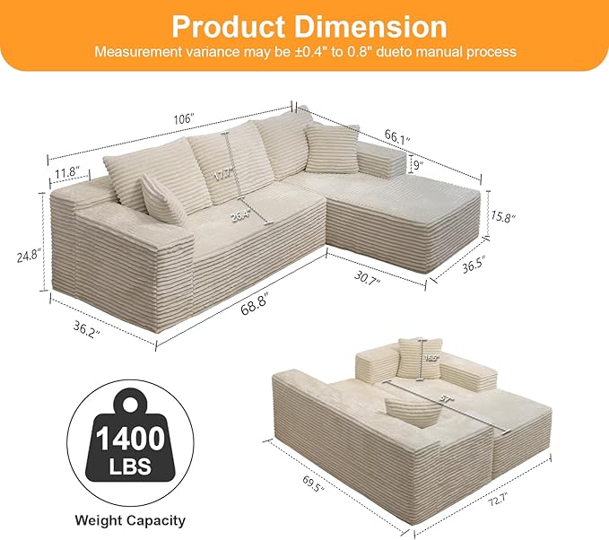 106'' Boneless Couches for Living Room, L Shaped Modular Sectional Sofa with Chaise Lounge, Faux Rabbit Fur & Layered Cushion Deep Seat Cloud Couch, No Assembly (Beige, Right Facing Chaise)