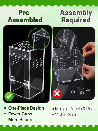 Escape Proof Jumping Spider Enclosure Kit - 3x3x6in Pre-Assembled Acrylic Terrarium with Magnetic Door/Micro Vent Holes/Accessories, Insects Habitat for Spiderlings, Mantis, Tarantulas, Snails