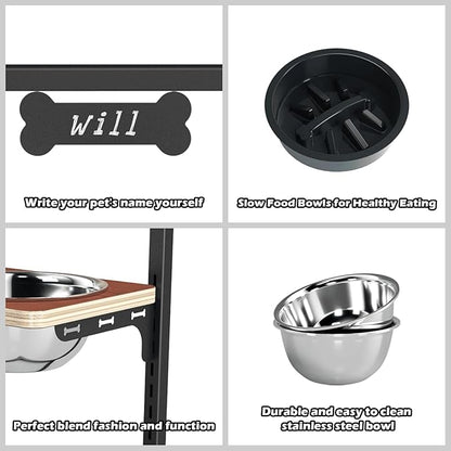 Elevated Dog Bowls with Slow Feeder - 9 Heights Adjustable Raised Dog Bowl Stand with Two 1.7L Stainless Steel Pet Food Bowls & Slow Feeder, Perfect for Medium Large Sized Dogs and Cats