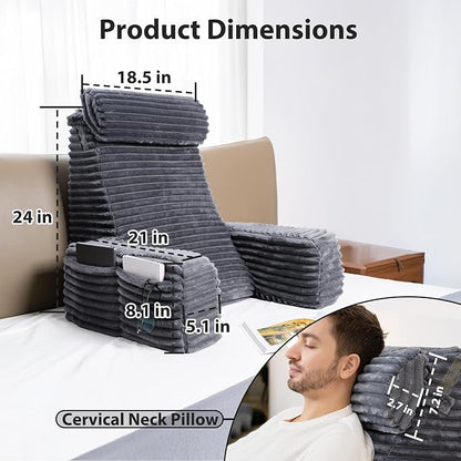 ENITYA Reading Pillow for Sitting in Bed Adult, 24in XXL Back Pillow for Bed Sitting up, Big Pockets & Built-in Arms, Back Support Chair Pillow for Watching TV/Reading/Gaming/Resting/Post Surgery,Grey
