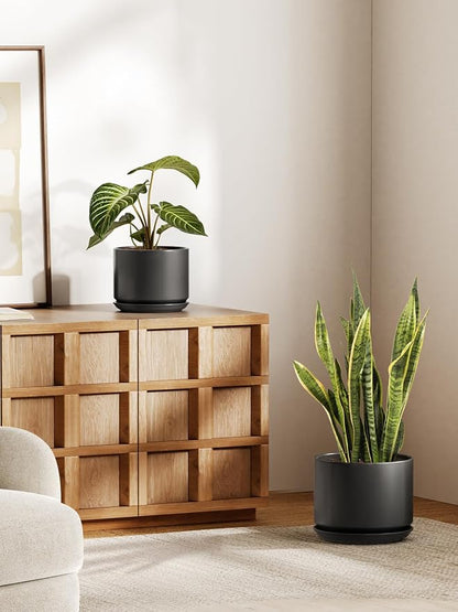 LE TAUCI Ceramic Pots for Plants, Set of 2, 10 + 12 Inch Plant Pot with Drainage Hole and Saucer, Durable & Stylish Planters for Indoor Plants, Elevate Your Home’s Aesthetic, Black