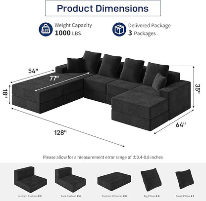 Living&Giving 128" U-Shaped Cloud Sectional Couch for Living Room, Cloud Boneless Couch-No Assembly with Reversible Chaise, Customizable 4-Seat Modular Sectional Sofa with 3 Ottoman, Black