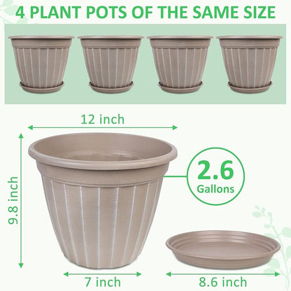 FGstyle 12 Inch Pots for Plants,4 Pack Tall Planters,Large Flower Pots with Drainage Hole & Saucer,Decorative Outdoor Planter for Planting Medium Large Plants(Beige