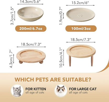 Raised Ceramic Wide Whisker Friendly Cat Dishes, Food&Water Bowl with 2 Style Stand Adjustable Pet Bowl Set(1Dish+1Shallow Dish+Stand