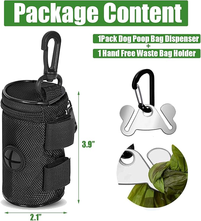 Dog Poop Bag Holder for Leash Attachment - Waste Bag Dispenser for Leash - Fits Any Dog Leash - Portable Set with Hand Free Holder Metal Carrier, Black Round Shape