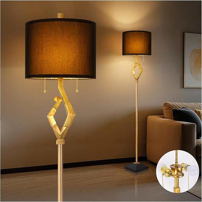 Sculptural Floor Lamp for Living Room Bedroom, 64.5” Pull Chains Standing Lamp, Gold Leaf Finish & Black Faux Silk Lamp Shade, Lighting Brightness Adjustable Lamp with Bulb Prefer for Home Decor