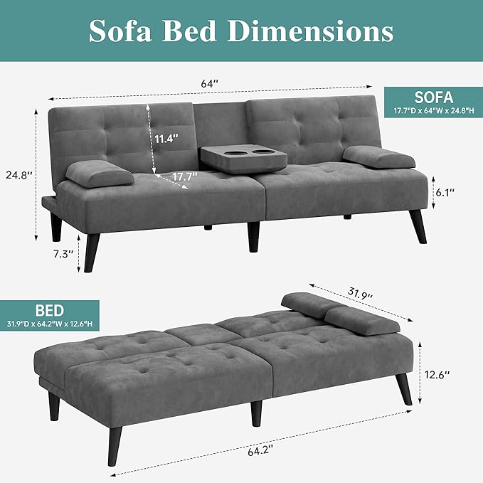 Meilocar Small Futon Sofa Bed Couch, Modern Convertible Sofa Couch, 64 in Recliner Sofa Bed for Living Room, Office, 2 Armrest Pillows, 2 Cup Holders, Dark Grey