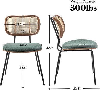 HOCEWI Rattan Dining Chairs Set of 2, Mid Century Modern Dining Chairs with Cane Back for Kitchen Dining Room, 19 Inch Fabric Green