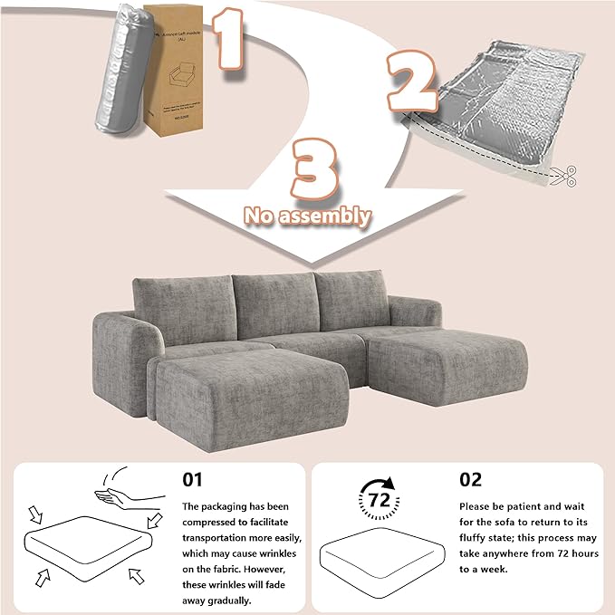 EASE MOOSE Cloud Couch Sectional Sofa, Large U-Shaped Oversized Modular Couch for Living Room, Minimalist Boneless Couches with Ottoman, 5-Seat Deep Sofas for Bedroom, Chenille (Light Grey)