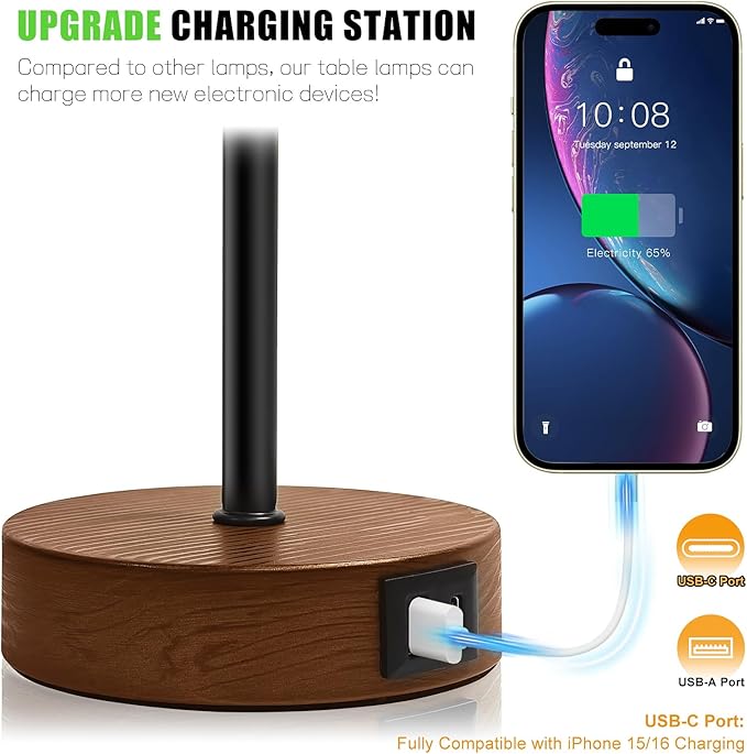 Modern USB & Type-C Bedside Lamp with Touch Control, Dimmable Table Lamp with White Fabric Shade Enhanced with Gold Threads, Includes LED Bulb - Ideal for Bedroom, Office, Dorm