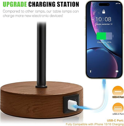 Modern USB & Type-C Bedside Lamp with Touch Control, Dimmable Table Lamp with White Fabric Shade Enhanced with Gold Threads, Includes LED Bulb - Ideal for Bedroom, Office, Dorm