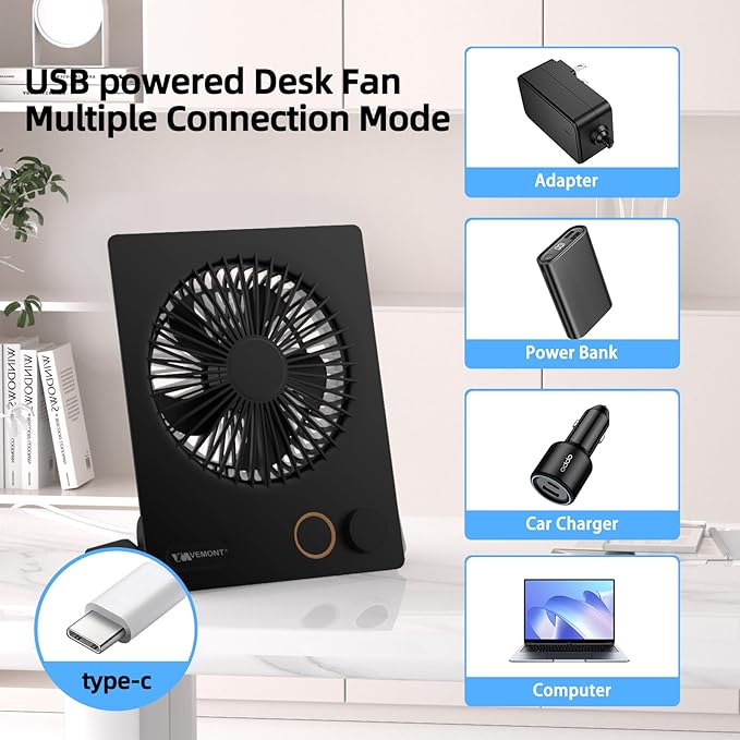 Small Desk Fan, VEMONT USB Table Fan, 5000mAh Rechargeable Battery Fan