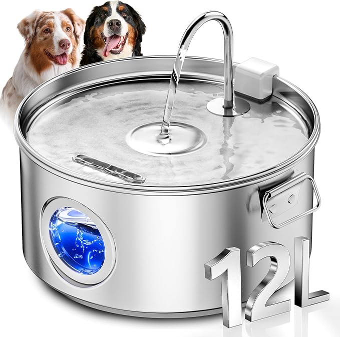 Dog Water Fountain for Large Dogs, 3.2Gal/406oz/12L Stainless Steel Pet Water Fountain, Quiet Dog Water Bowl Dispenser with Visible Window for Large Dog, Multi-pet Home