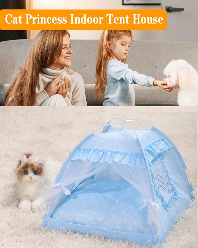 Cat Princess Bed Tent House - Kitty Cute Beds Indoor,Small Dog House Indoor/Outdoor Cave Nest Bed Small Dog Tent for Cat,Puppy Tents (15.7"x15.7"x14.5"/Blue)
