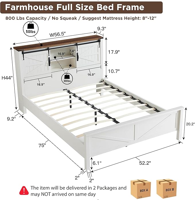 T4TREAM Farmhouse King Size Bed Frame w/Storage Bookcase Headboard, Sliding Barn Door, Charging Station, Rustic Wood Platform Bed w/Wood Slats Support, No Box Spring Needed, Antique Brush White