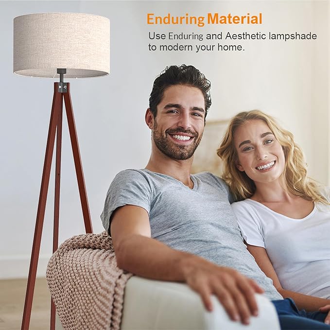 LEPOWER Wood Tripod Floor Lamp, Mid Century Standing Lamp, Modern Design Studying Light for Living Room, Bedroom, Study Room and Office, Flaxen Linen Shade with E26 Base Brown