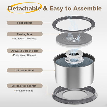 2.5L Stainless Steel Dog Water Bowl, No Spill Water Bowl for Dogs | Large Capacity, Slow Drinking Feeder, Splash Proof, with Anti-Slip Mat, Dishwasher Safe, Sturdy, Suitable for Mess Drinkers
