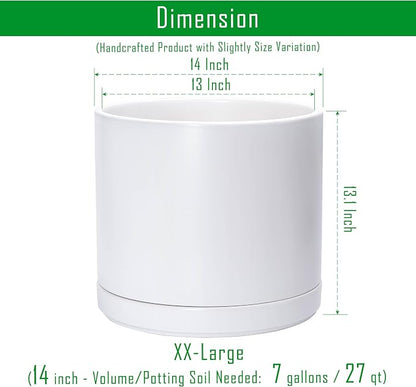D'vine Dev 14 Inch Ceramic Planter Pot with Drainage Hole and Saucer, Indoor Cylinder Round Planter Pot, White, 94-O-G-1